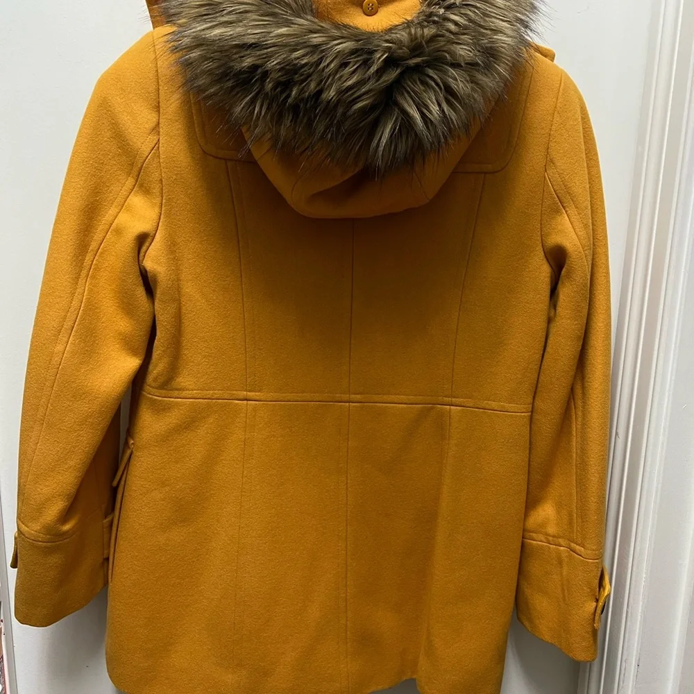 Calvin Klein mustard color wool blend hooded with fur pea coat toggle buttons - Picture 3 of 10